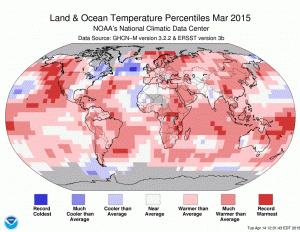 صدک های دمایی سطح زمین و اقیانوس مارس 2015